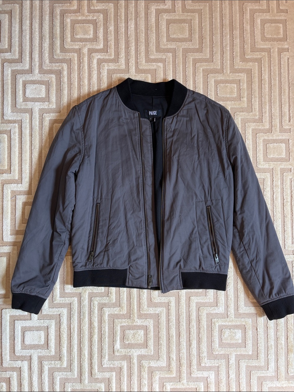 PAIGE Men's Charcoal Gray Bomber Jacket with Black Trim